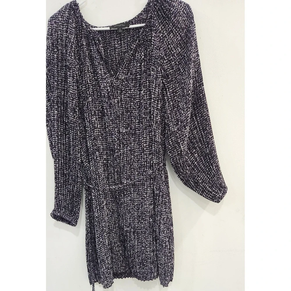 Banana Republic Purple Black Pleated Mini Dress Long Balloon Sleeve V-Neck Small